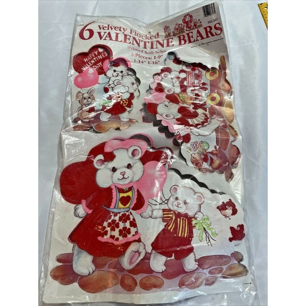 Peck Die Cut Velvety Valentines Bears Decoration Set Of 3 Sealed Vintage 1987